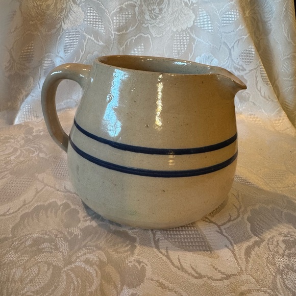 Vintage Stoneware  Blue Striped Crock Pottery Buttermilk Pitcher - Picture 3 of 9
